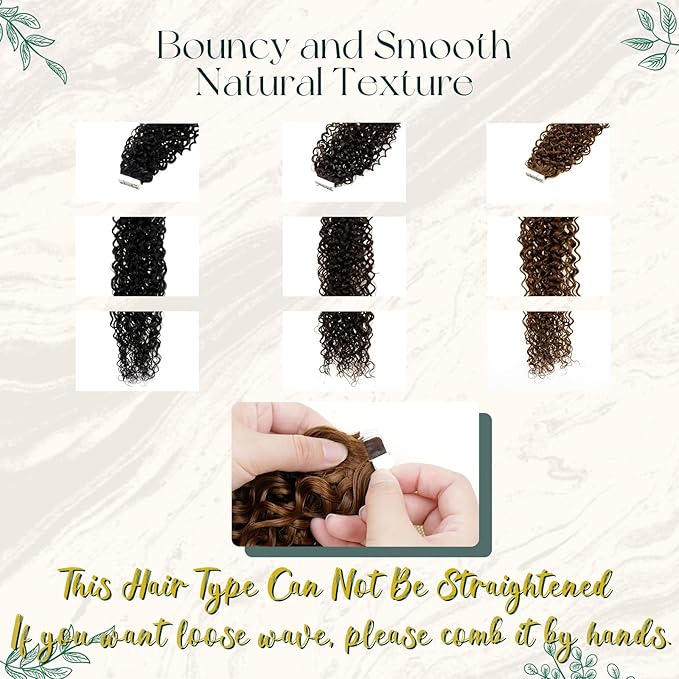 RUNATURE Curly Tape in Hair Extensions Human Hair, Natural Wave Curly Hair Extensions Tape Ins Real Human Hair for Women, Seamless Wavy Remy Hair, #2 Dark Brown 14 Inch 50g 20pcs