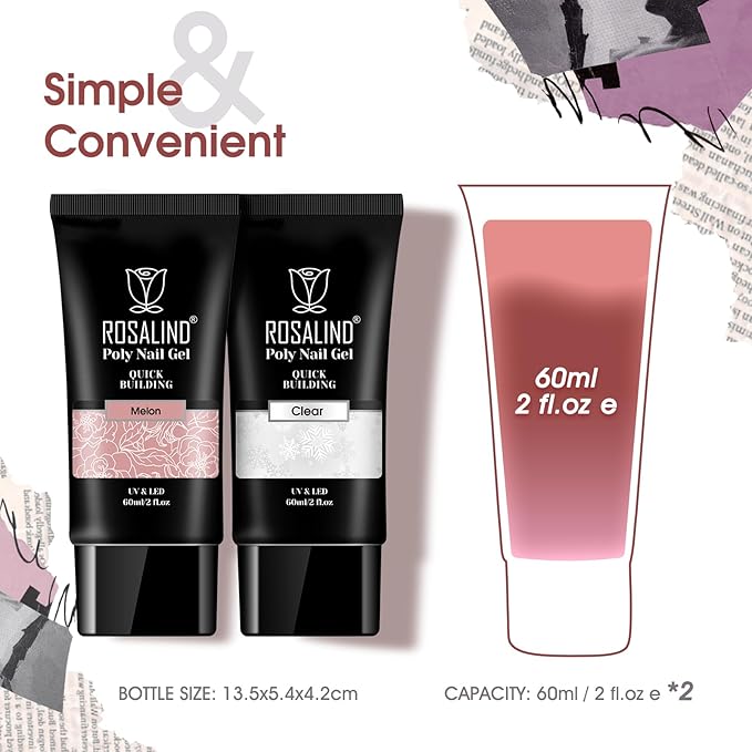 ROSALIND Clear Nude Pink Acrylic Poly Extension Gel, 2 PCS 60ml Clear Poly Nail Gel kit Nail Builder for Clear Nail Art Decoration, Nail Thickening Poly Nail Gel Tube Easy to DIY Use Need UV Lamp