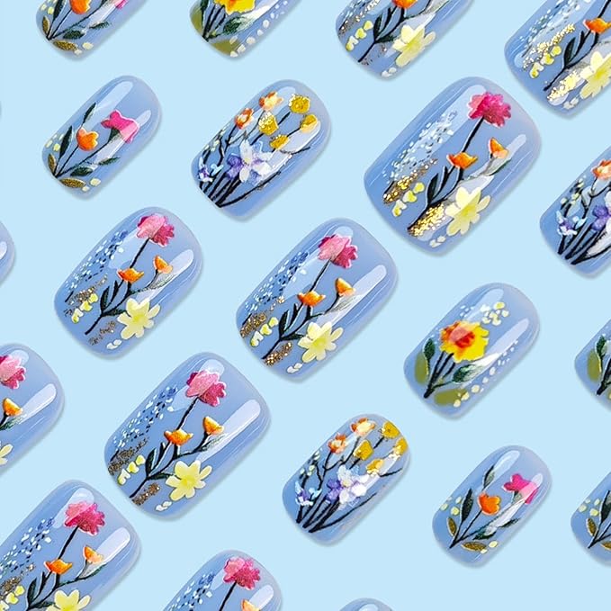 Short Press on Nails Square Fake Nails with 3D Flower Designs Colorful Glue on Nails Gold Glitter Acrylic Nails Spring Summer False Nails Glossy Full Cover Stick on Nails for Women Girls 24Pcs