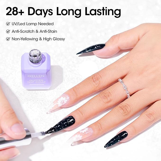 GELLEN Glitter Gel Top Coat, Snowflake Top Coat Nail Polish, Soak off Clear Glossy No Wipe Gel with Shimmer Finish, UV/LED Lamp Needed, Manicure Nail Art Gift for Halloween/Christmas/New Year
