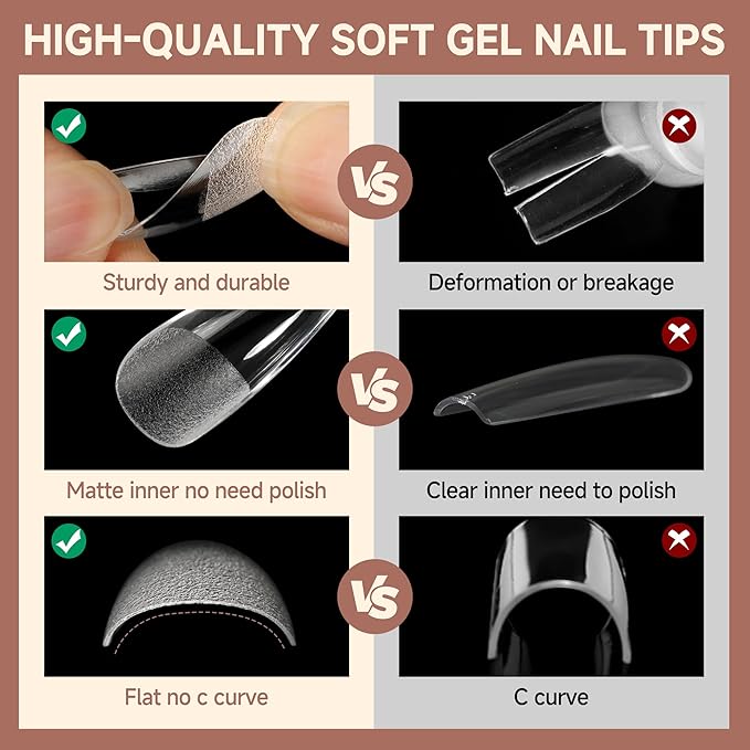UNA GELLA Coffin Nails Tips, 216 PCS Soft Gel Nail Tips Coffin Half Matte Full Cover False Nails Pre-shaped Clear Acrylic Press on Nails Medium for Nail Extensions Home DIY Salon, 12 Sizes