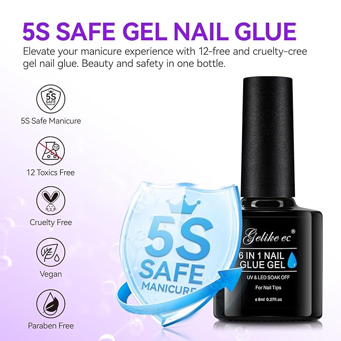 Gelike EC Gel Nail Glue UV Light: Sheer Blush Pink 6 in 1 Adhesive Gel Nail Polish, Strong Nail Glue for Press On Nails Nails Acrylic Tips, Long Last - Nail Art Gift for Home Salon Beginner DIY