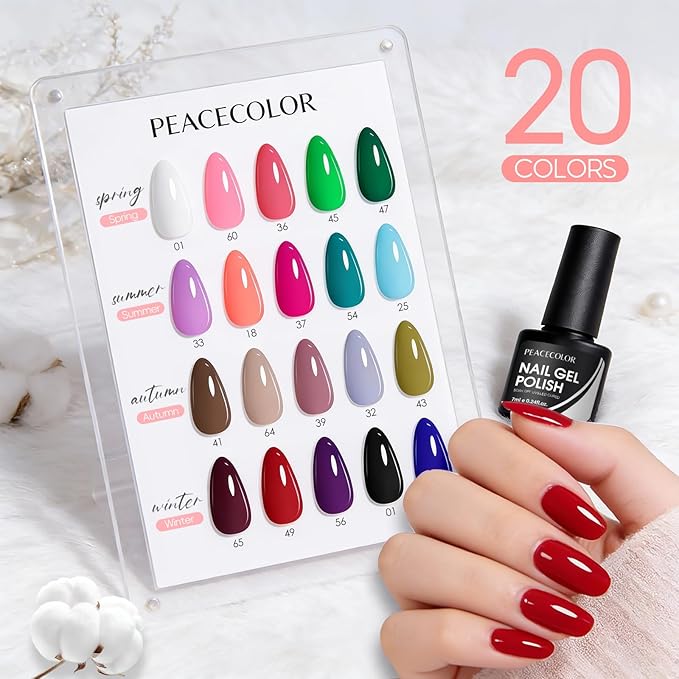 Peacecolor 26PCs Gel Nail Polish Set ,20 Spring Colors Gel Polish Kit with 5Pcs Glossy/Matte/Glitter Top Base Coat Pink Purple Green Soak Off Gel Nail Manicure Kit Gifts for Women DIY