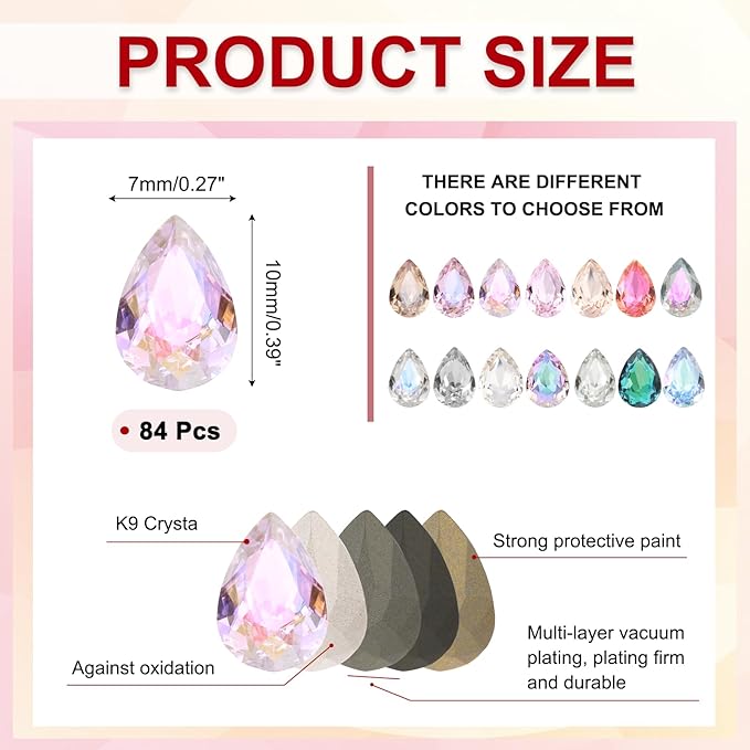 MECCANIXITY Teardrop Rhinestones 7x10mm, 84 Pcs Pointed Back K9 Glass Shiny Drop Shaped Rhinestones Crystal Gems for DIY Jewelry Making Crafts, Pink AB