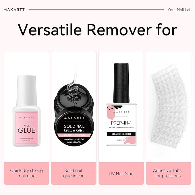 Makartt Solid Gel Adhesive for Press-On Tips – Extra Strong Nail Bonding Kit with Remover & Vitamin E Formula, Includes 5 Wooden Sticks for Easy Removal