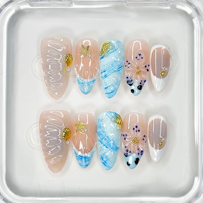 Luxury Press On Nails Medium Almond Handmade 3D Unique Reusable ABS Material False Nails Blue with Designs Starfish Floral Art Petal Glossy Glue on Nails Thick Acrylic Nails (10 Pieces, 1 Set)