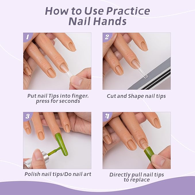 Practice Hand for Acrylic Nails, Silicone Nail Hand Practice, Flexible Fingers Fake Training Hand False Mannequin Hands for Nail Practice, Hand Model Kit for Nail Supplies Manicure Beginners