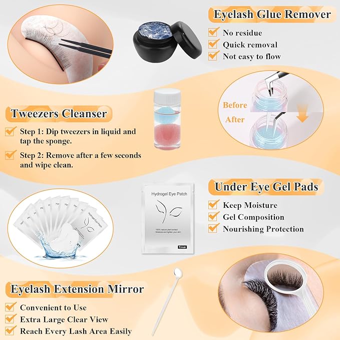Lashes Kit for Eyelash Extension Beginner Lash Tech Starter Kit with Eye Lash Mannequin Head, Professional Eyelash Extension Kit with Lash Fan, Extension Glue and Eyelash Remover for Practice Training