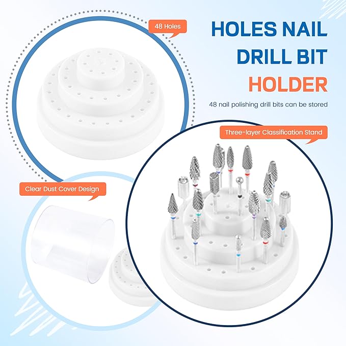 48Holes Nail Art Drill Bits Organizer Storage Box Holder Stand Display Container Manicure Accessories Acrylic Cover Tools low Speed Micro Polishing Drill Bits Grinding Head Nail Drill Holder (White)