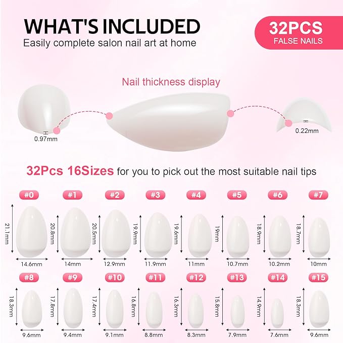 Press On Nails Short - Findigit Press On Nails, Almond Fake Nails White with Nail Glue, Fit Perfectly Natural Reusable Stick On Nails in 16 Sizes - 32 Glue On Nails Kit, Cream White