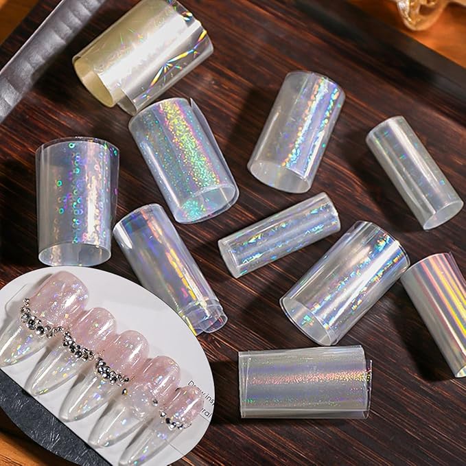 10Rolls Aurora Nail Foil for Nail Art Laser Nail Transfer Foil Stickers 3D Holographic Nail Art Foils Clear Glass Fragment Starry Sky Paper Nail Stickers Holographic Mermaid Nail Decals Foil for Women