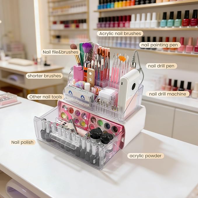 Nail Tech Desk Organizer Case: 2 Layers Nail Tech Organizers with Nail Polish Storage Drawer- 53 Holes Nail Drill Bits & Nail Brushes Pens Holder for Manicure Nail Supplies (Clear)