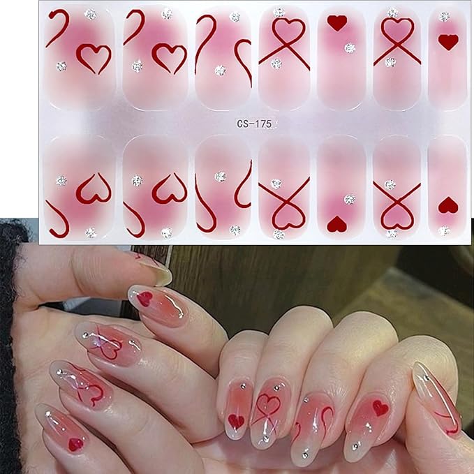 4Sheets Valentines Day Gel Nail Stickers Romantic Love Heart Nail Polish Strips Glitter Gel Nail Wraps Self Adhesive Cute Bow Nail Polish Stickers French Heart Full Wrap Nail Decals for Women Manicure