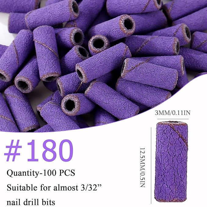 100pcs Nail Drill Bits Small Sanding Bands with Upgrade 3.1mm Mandrel Bit,180 Fine Grit Nail File Sanding Bands for Acrylic Nails Gel Removing Shaping Manicures and Pedicure (Purple, 180 Grit)