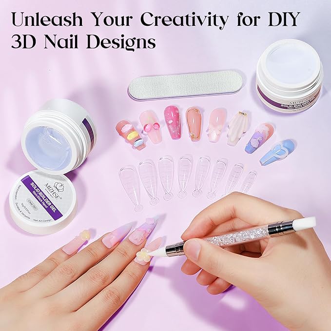 MIZHSE Solid Builder Gel for Nails, Non-Sticky Clear and White 3D Nail Art, Sculpting Building Hard Gel with Dual Form Silicone Pen for Carving Patterns Decoration Nail Art Manicure Home DIY