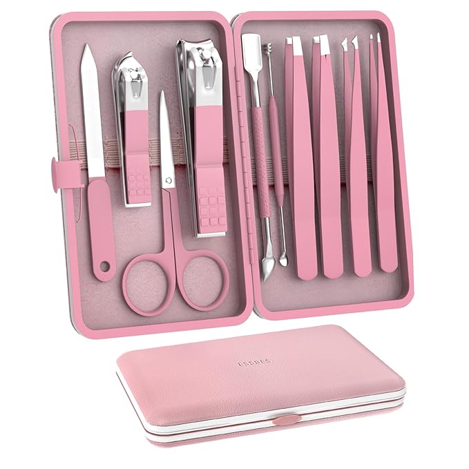 Manicure Set 10 in 1 Stainless Steel Nail Clippers Scissors Tweezers Grooming Kit with Travel Case (Pure Pink)