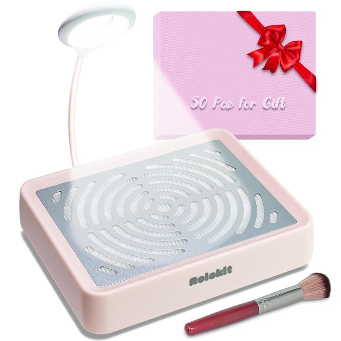 Nail Dust Collector with Lamp&50pcs Disposable Filter&Dusting Brush, Electric Nail Vacuum Cleaner Dust Fan Suction Machine for Manicure Acrylic Gel Nails Polishing, Low Noise,Salon Home (Pink)