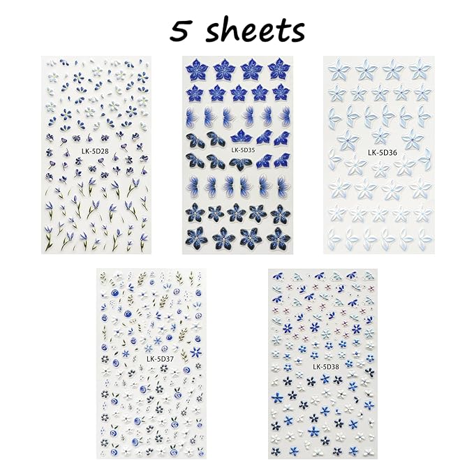 Flower Nail Art Stickers 5D Embossed Flower Nail Decals Spring Summer Blue Flowers Nails Design 3D Self-Adhesive Accessories for Women Nails DIY Decoration(5 Sheets)