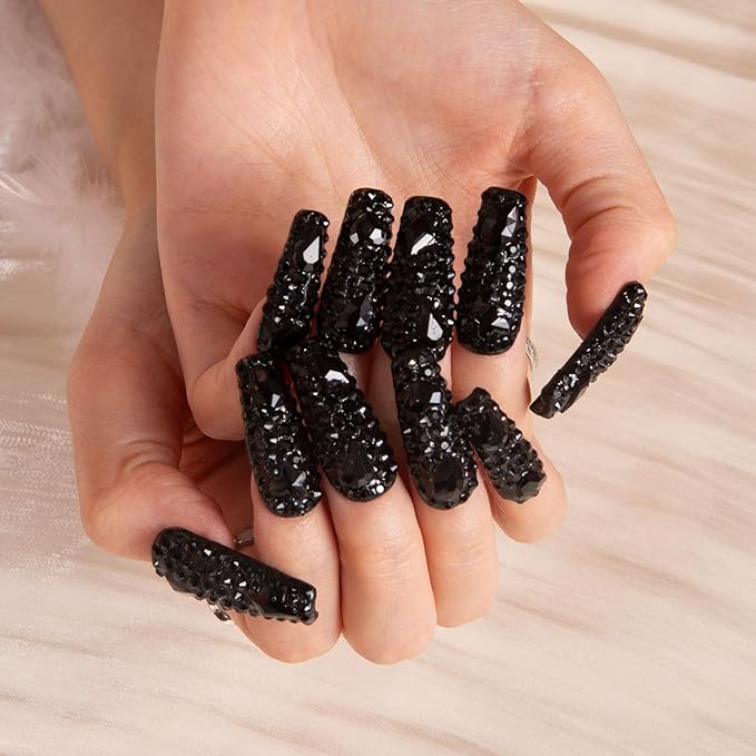 LOVFUL Press on Nails Classic Black Rhinestone | Handmade with Full Covered Crystals | Reusable Full Cover Nails | Coffin Classic Regular 1.3 in | H146-L