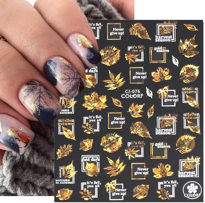 Autumn Leaves Nail Decals,Bronzing Fall Nail Stickers White Laser Gold Maple Leaf Nail Art Stickers,3D Self-Adhesive Stickers for Nails Decorations Accessories Women DIY Nail Supplies,9 Sheets/Set