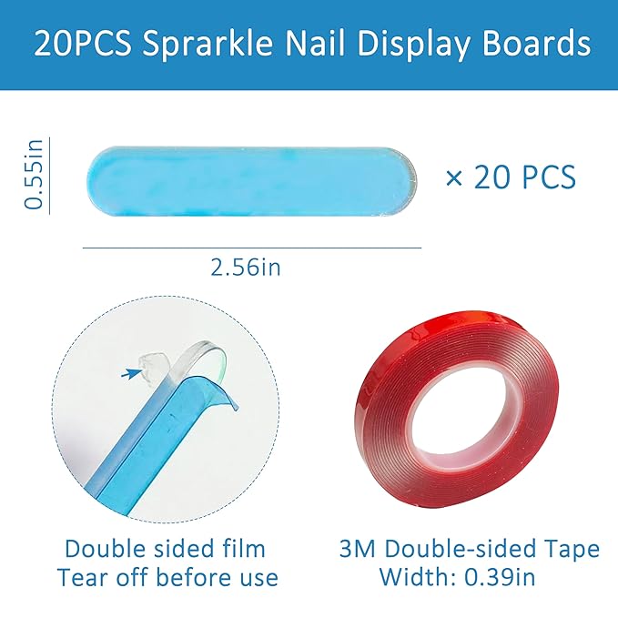 20 Pieces Holographic Nail Display Stand Holder with 9.8ft Double Sided Tape, Sparkle Round Acrylic False Nail Tips Sample Display, Nail Display Stand Board for Nail Art Salon