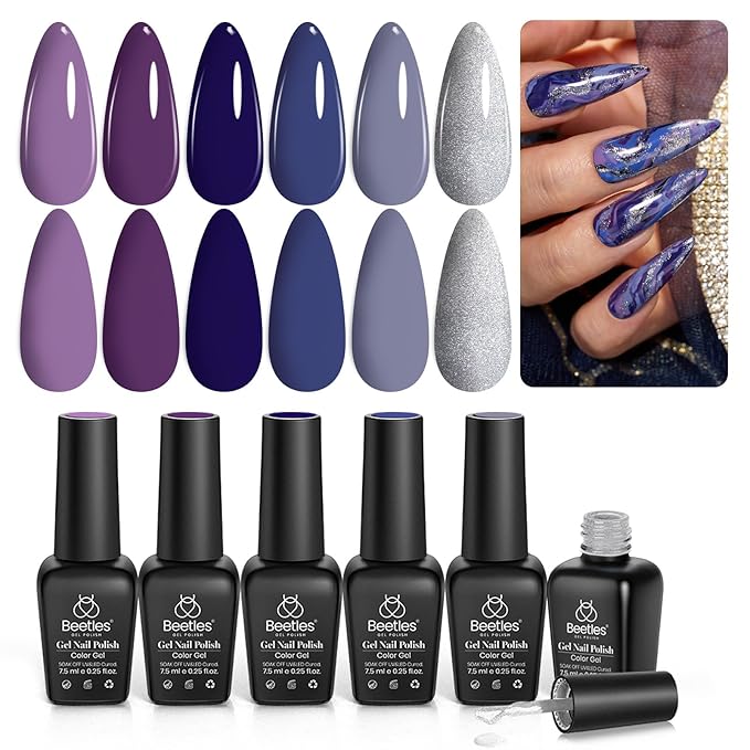 Beetles Purple Gel Polish Set, 6Pcs Purple Blue Gel Polish Silver Glitter Nail Gel Lost Universe Soak Off UV LED Nail Lamp Manicure DIY Home Gift for Women