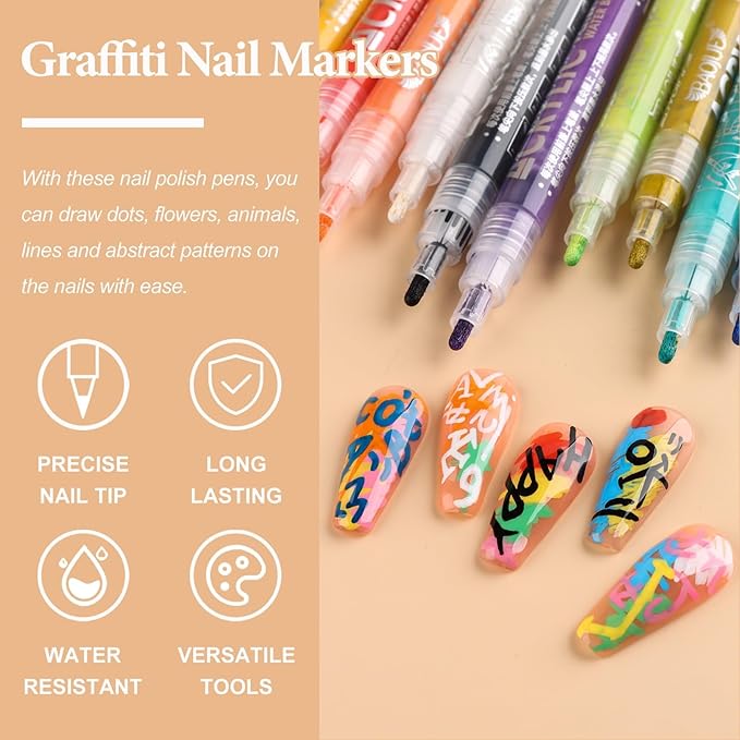 24 Colors Nail Art Pens Set 1.0MM Fine Tip 3D Acrylic Paint Markers Quick-Dry Smudge-Proof Dotting Drawing Liner Pens Nail Art Brush for DIY Nail Art