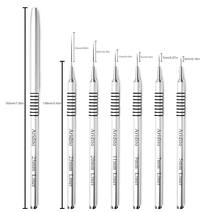 6Pcs Silver Metal Handle Nail Art Liner Brushes Set for Long Lines, Fine Details Painting Gel Nail Brush Drawing Sizes 5/7/9/11/20/25mm