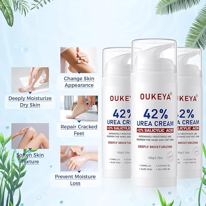 OUKEYA Urea Cream 42% Plus 2% Salicylic Acid – Intensive Foot & Hand Care for Very Dry, Cracked Skin, 5.29 oz (3 Pack)