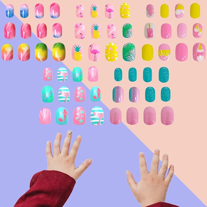 SIUSIO 120 Pcs 5 Pack Children Acrylic Fake Nails Press on Pre-glue Full Cover Glitter Gradient Color Rainbow Short Sticky Fake Nails Kids Nails Set for Little Girls - Colorful Rainbow Series