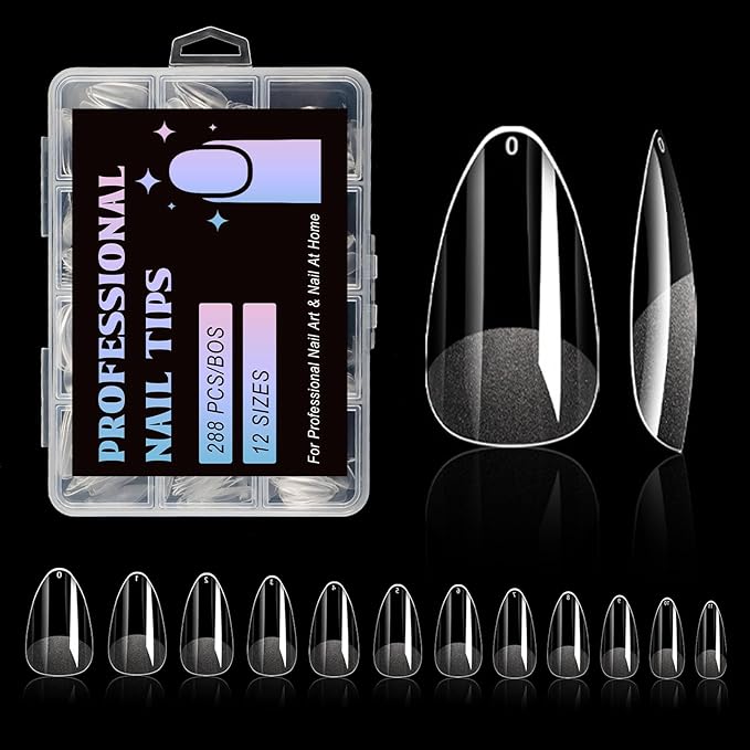 Lsnisni Short Almond Nail Tips, 288PC Gel Acrylic Nail Tips, Clear Nail Tips, Nail Supplies Suitable for Women or Girls to DIY Nails 12 Sizes For Your Choice!