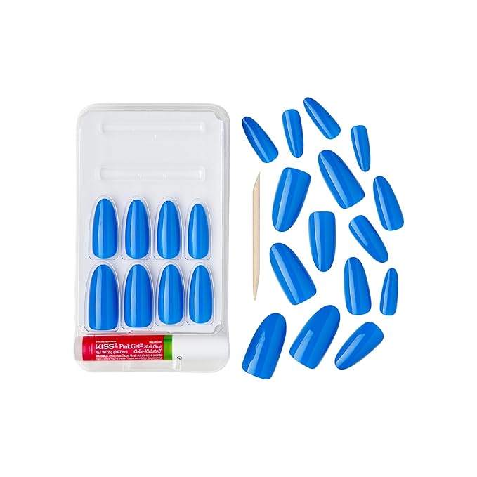 GoldFinger False Nails Kit, Ready to Wear Blue Fake Nails, Manicure Stick and Glue Included, Long Oval Shape, Long-Lasting Hottest Trend Glue on Nails, Convenient & Easy to Apply, All Occasions