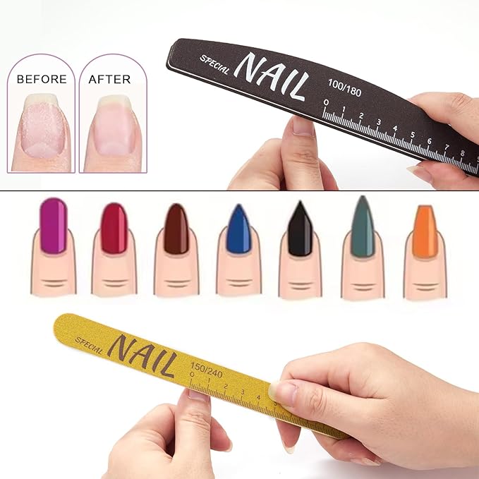 10pcs 80/80,100/180,150/240,180/240 Grit Both Sides Nail Files with Nail Shape Guide (Square, Almond, Oval) and Ruler, Nail Files for Natural Nails Emery Board Nail Buffering Files