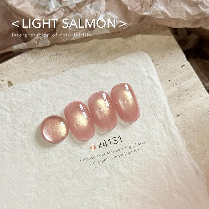 GAOY Pink Glassy Cat Eye Gel Nail Polish, 16ml Holographic Glitter Jelly Nail Polish with Magnet, Reflective Translucent UV Gel for Manicure Art DIY, 4131 Light Salmon