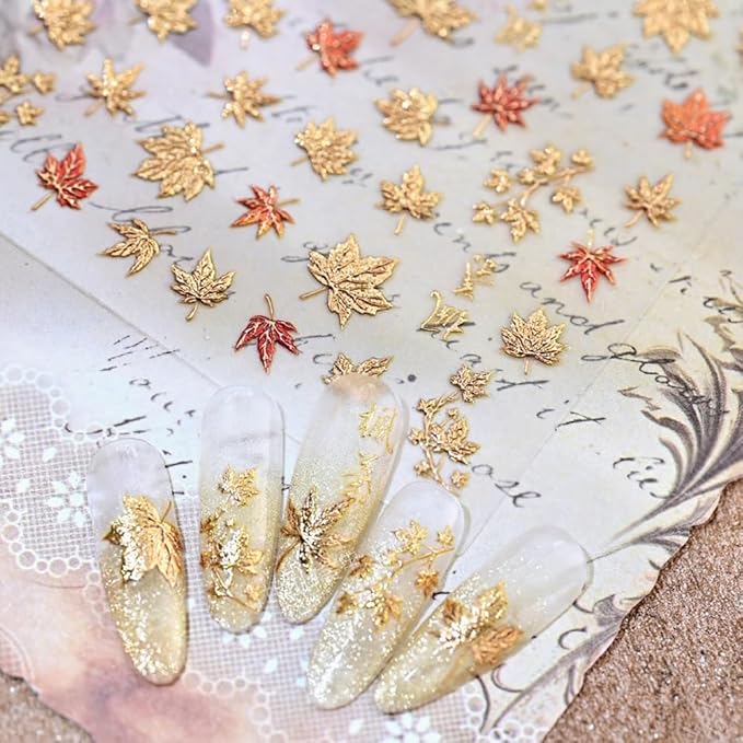 Maple Leaves Nail Stickers 3D Self Adhesive Gold Nail Art Stickers 5D Embossed Colorful Leaf Nail Decals Fall Autumn Nail Designs Cute Yellow Nail Art Supplies for Women Girls 1 Sheet