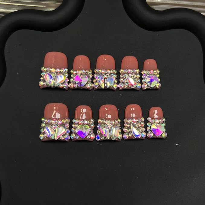 10pcs Handmade Press on Nails for Women - Medium Duck Curve 3D Thick Acrylic Fake Nails Reusable,Designer Floral Butterfly Rhinestones Bling Boho Funky Y2k Nail-art Set,XS,iridescence