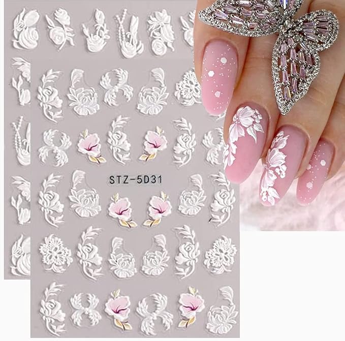 5D Embossed Flowers Nail Art Stickers for Acrylic Nails,8 Sheets Engraved Flower Butterfly Nail Decals Spring Summer Nail Art Accessories French Tips Nail Designs Self Adhesive Nail Stickers for Women