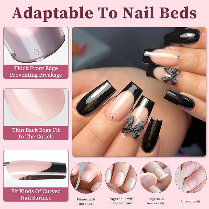 120PC Black French Tip Press on Nails Medium Fake Nails Press ons with 5*Adhesive Tabs, Pink Square Acrylic Nail Press on Nail French Tip Nails False Artificial Fingernails Stick on Nails-N