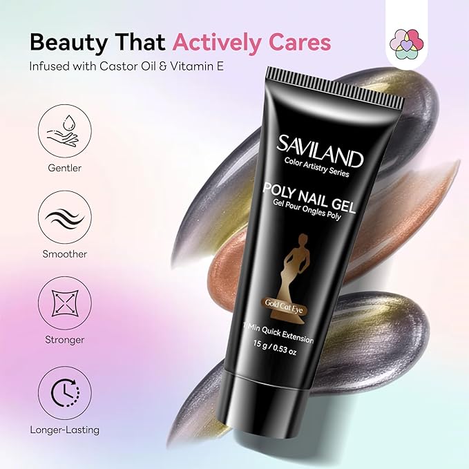 SAVILAND Long Lasting Poly Gel Nail Kit Starter: 15 Colors Extend Gel White Glitter Brown Cat Eye Effect with Nail Kit U V Light Slip Solution for Nourish Plant-Based Ingredients Nails Home Salon DIY