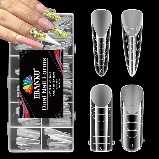 EBANKU Dual Nail Forms for Poly Extension Gel, 96 PCS Clear Nail Molds Reusable Nail Extension Forms for Builder Gel Manicure Design Salon DIY-12 Sizes