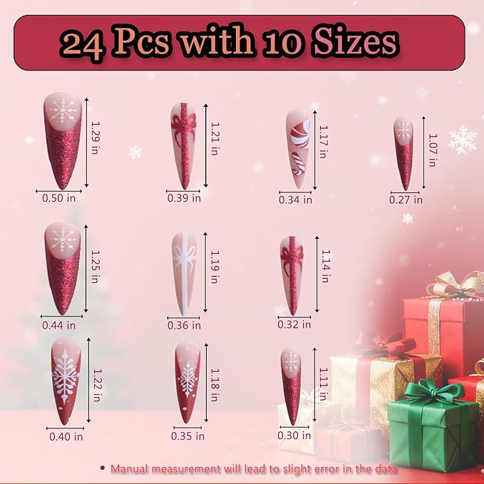 24pcs Red Long Almond French Tips Press On Nails with Snowflakes, Candies and Bows for Themed Costumes, Reusable Nail Kit with Nail Adhesive Tabs Mini Nail File, 12 Sizes (Red Candy)