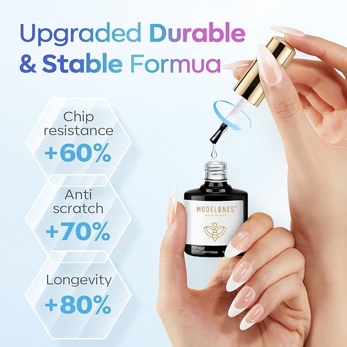 modelones Gel Top Coat, 15ml No Wipe Gel Nail Polish High Gloss Top Coat Shiny Long Lasting Clear Top for Acrylic Nails, Need U V/LED Lamp for Home DIY Gift Winter Valentine's Manicure Salon