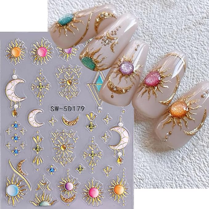 2 Sheets Bohemian Style Nail Decals Embossed Star Nail Art Stickers 5D Self-Adhesive Sun Moon Nail Stickers Bohemia Nail Designs Decals Stars Nail Decoration for Women Girls Nail Art Supplies