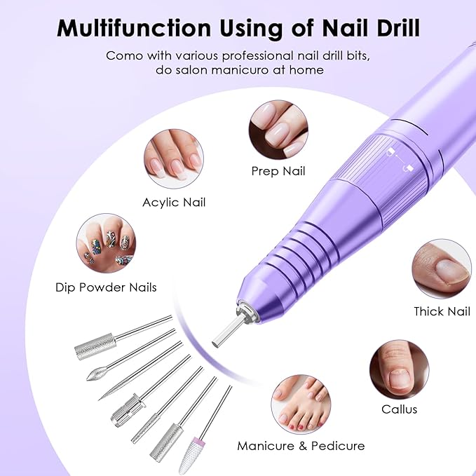 Professional Electric Nail Drill File, HUGMAPLE 45000RPM Portable E-File Machine with Bits & Base, Cordless Rechargeable Nail Drill Kit for Shaping, Removing & Polishing Gel Nails Salon Home (Purple)