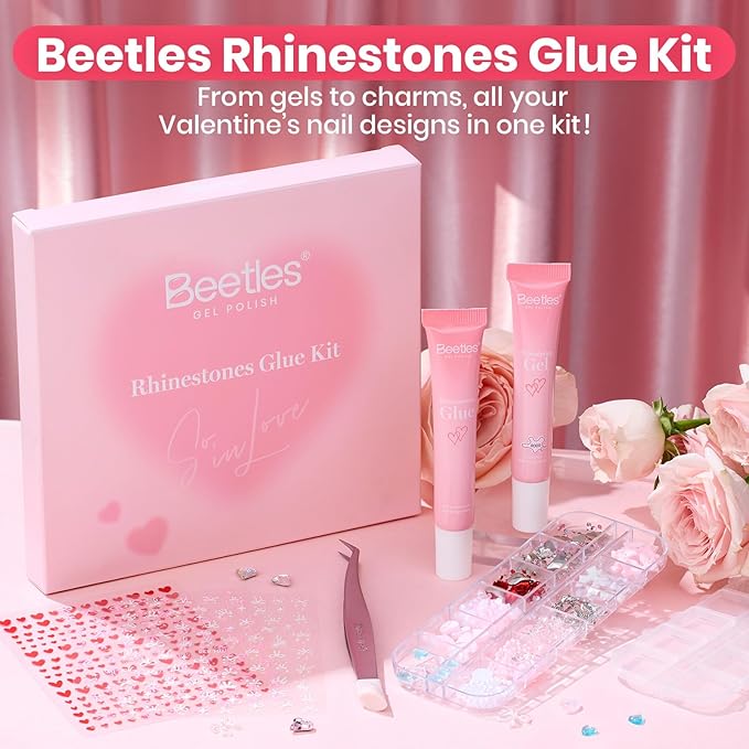 Beetles Rhinestones Glue Kit - 3D Gel Nail Art & Sculpting Gel Glue and with Heart Charm Diamond Jewelry, Spring Nail Decorations for DIY Gel Nail Polish