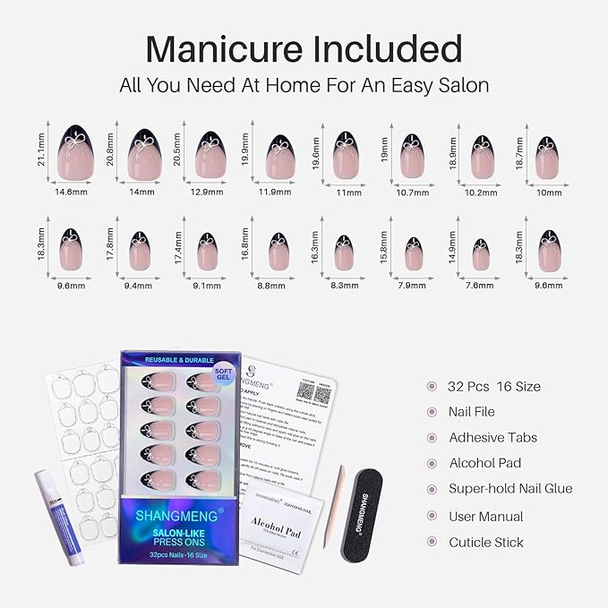 Black French Tip Press on Nails Short with 3D Bow Design - Soft Gel Almond Fake Nails for Women Gift, Natural Stick on Nails with Glue in 16 Sizes - 32 Reusable Nails, Silver Ribbon