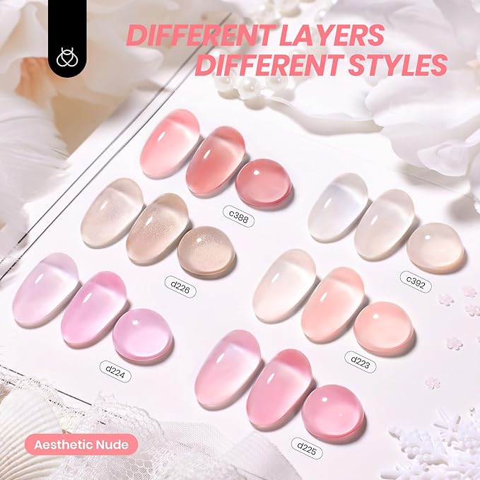 Beetles Nude Gel Nail Polish Set - 6 Colors Nude Pink Jelly Gel Polish Kit Neutral Shimmer Translucent Sheer Gel Soak off Uv Nail Concealer French Nail Art Manicure Gift for Women
