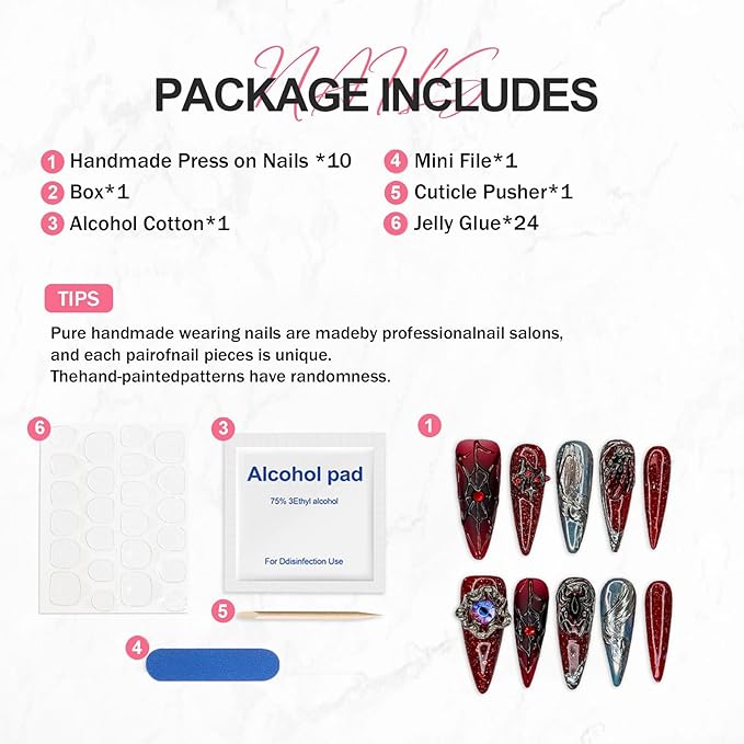 Halloween Press on Nails Luxury Red Black Fake Nails 3D Handmade Spider & Eyeball Unique Design Nail Art Thick Long Almond Halloween Spider Web Handbone Acrylic Nail for Women（Size M)