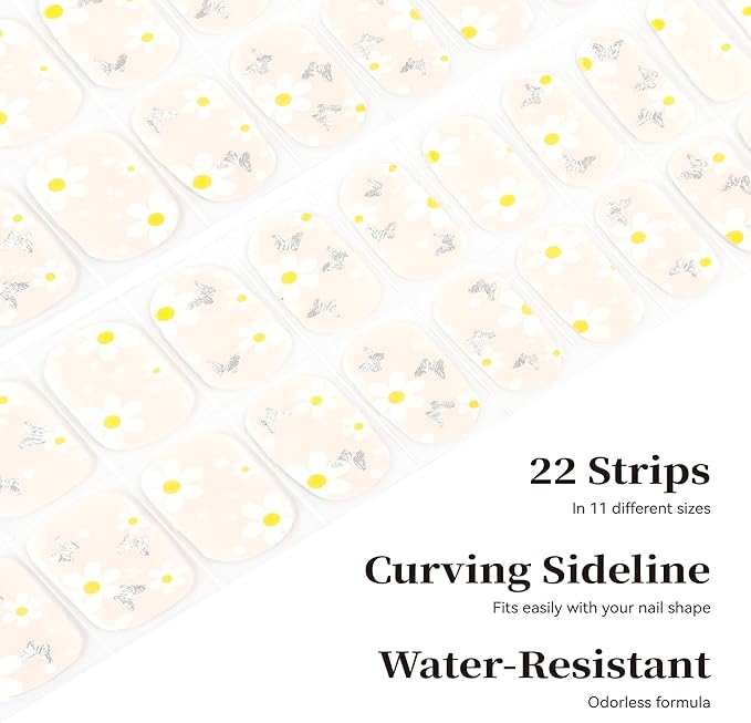 Semi Cured Gel Nail Strips White Flower Gel Nail Stickers with UV/LED Required Long Lasting Gel Nail Stickers for Spring Includes 22 Strips 2 Prep Pads, Nail File & Wooden Stick