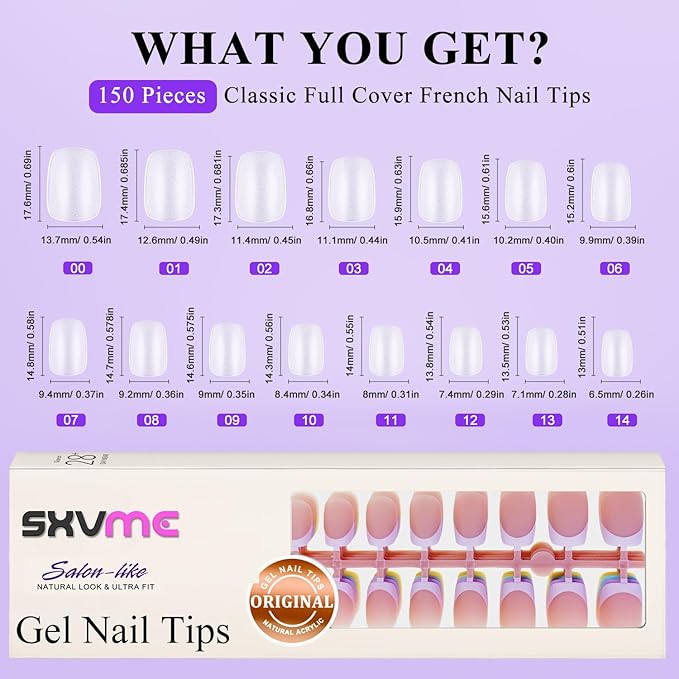 Gel French Tip Nails Short Square French Tip Press on Nails SXVME White French Nail Tips 150Pcs Pre-applied Tip Primer Natural Skin Tones Fake Nails Extensions Gel Nail Kit for Women Girls DIY